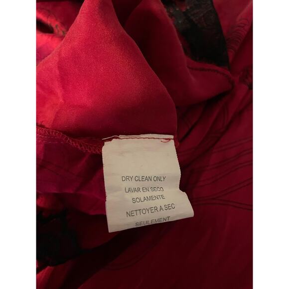 Bebe Womens Large Red Black Silk Lace Wrap Top Floral Print Bow Romantic Y2K - Picture 5 of 8